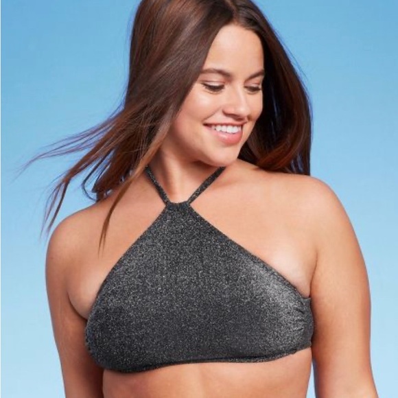 NWT WILD FABLE WOMENS BIKINI TOP HALTER BRALETTE BLACK LUREX - Picture 6 of 7